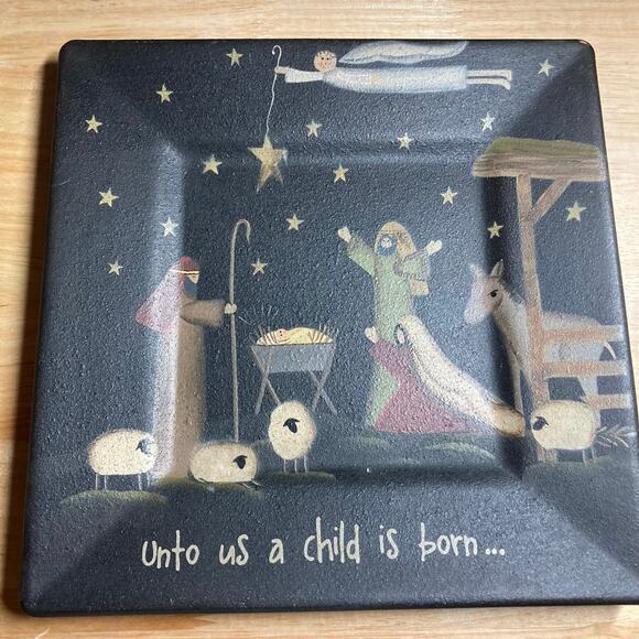 Primitive Wooden Plate - Unto Us... Square Plate - New! - Picture 1 of 4